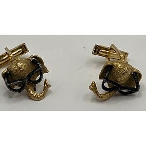 Vintage Gold Tone Elephant Cufflinks with Black Detailed Glasses Unique Gift